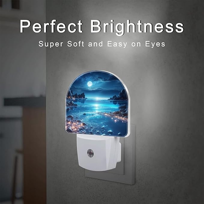 Full Moon and Sparkling Lake Night Light for Kids,Magical Beach at Night Plug in Night Light with Dusk to Dawn Sensor, 0.5w Energy Saving Nightlight for Hallway Stairway Kitchen Bedroom