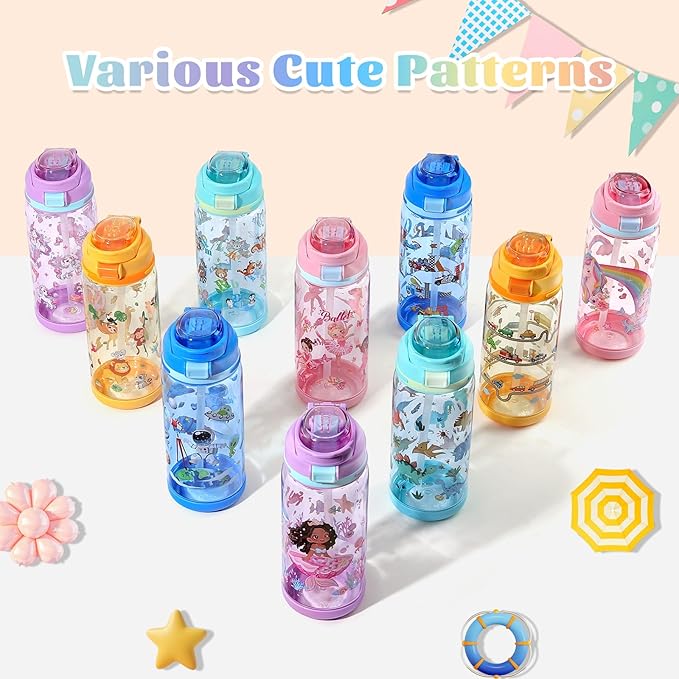 decalsweet Kids Water Bottle 20oz Durable Leak-Proof Plastic Water Cup for Kids Toddlers,With Straw Handle and Pop-Up Spout Cover,Safe for School Sports Daycare Travel & Camp