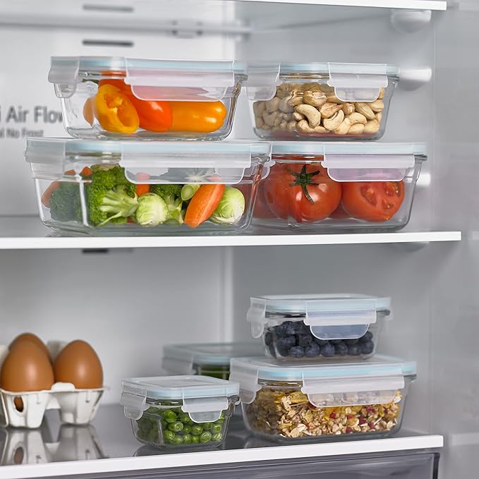 Glasslock Mini Reusable 5 Ounce Rectangular and 7 Ounce Square Tempered Glass Food Storage Container Set for Fridge and Freezer, 8 Piece Set