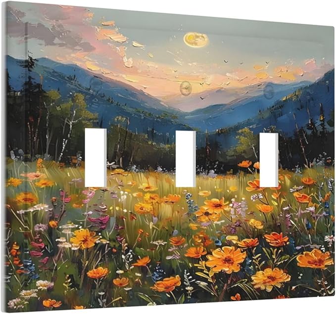 Sunset Wild Flower Field Floral Nature Landscape Decorative Switch Plates 3 Gang Wall Plate Triple Toggle Light Switch Cover Faceplate Electrical Wall Panels for Farmhouse Bedroom Decor