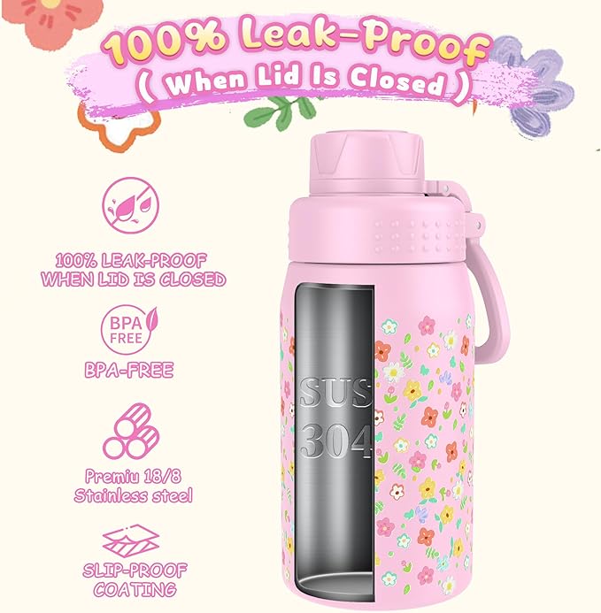 GOPPUS 15oz Kids Water Bottle with Spout Lid, Toddler Water Bottle, Stainless Steel Insulated Water Bottle, Leakproof, BPA Free, Suitable for Boys and Girls for School（Flowers）