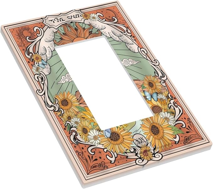 Boho Retro Sun Sunflower Vintage Flower Butterfly Decorative Outlet Covers 1 Gang Single Rocker Light Switch Cover Plate Wall Plates GFCI Faceplate for Farmhouse Home Decor