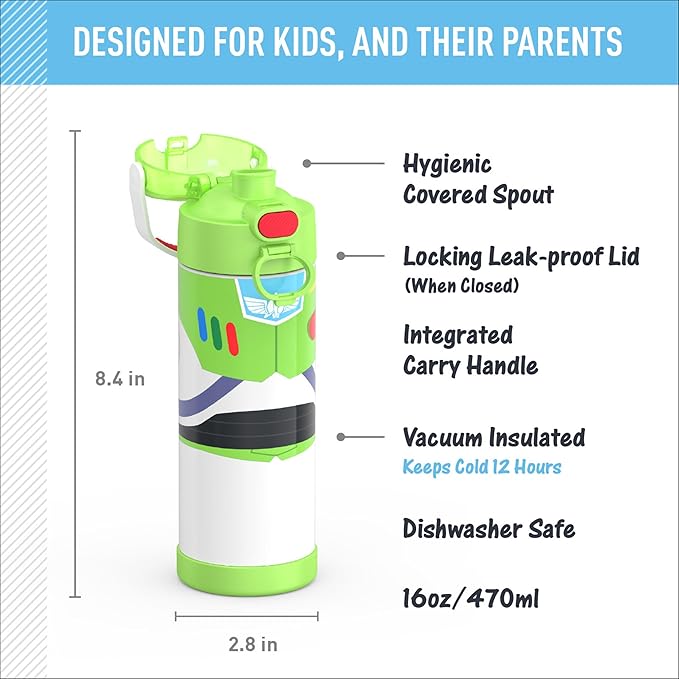 THERMOS FUNTAINER 16 Ounce Stainless Steel Vacuum Insulated Bottle with Wide Spout Lid, Toy Story Buzz