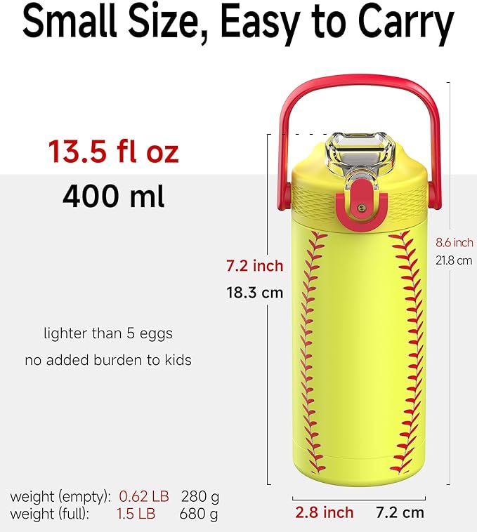 MYFOREST 14oz/400ml Insulated Kids Water Bottle, Odor-Free Surgical Grade Liner, Dishwasher-Safe, Name Spot, Soft Sipper, Gift for Sports Fan (Softball)