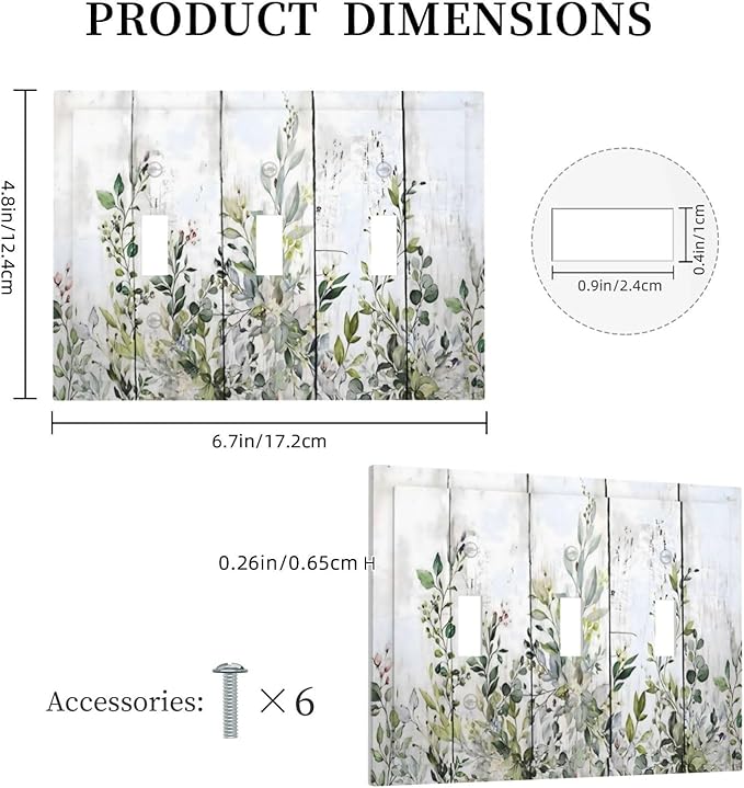 Sage Green Eucalyptus Rustic Country Botanical Leaf Flower Decorative Switch Plates 3 Gang Wall Plate Triple Toggle Light Switch Cover Faceplate Electrical Wall Panels for Farmhouse Bedroom Decor