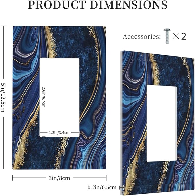 Navy Marble 1 Gang Rocker/Decora Outlet Light Switch Wall Plate Cover Faceplate Dark Blue Abstract Gold Decorative Royal Modern Standard Boys Bathroom Grey Luxury Bedroom Decorate