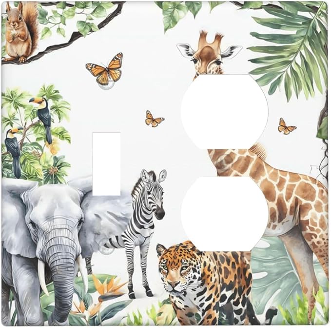 Elephant Giraffe Jungle Animals Leopard Zoo Wallplates 1 Toggle 1 Duplex Switch Plate Electrical GFCI Faceplate Decorative Light Switch Covers for Kids Room Nursery Decor
