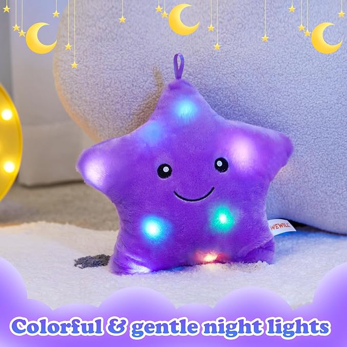 WEWILL 9'' LED Twinkle Star Soft Plush Toys Glowing Stuffed Star Light up Plush with Colorful Night Lights Birthday Valentines Gift for Toddler Kids(Purple)