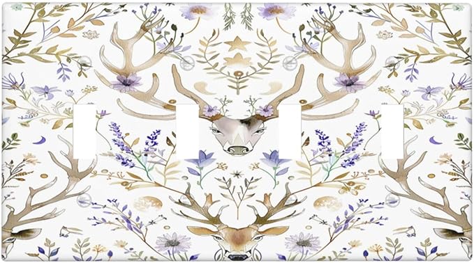 Light Switch Covers Gothic Retro Floral Damask Elk Wild Flower Quad Toggle Electrical Faceplate 4 Gang Wall Plate Decorative Switch Plates For Bed Room Living Room Decor