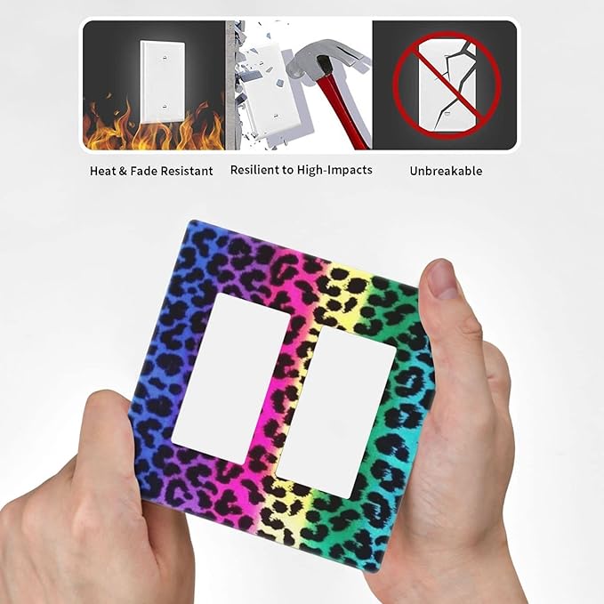 Rainbow Colorful Leopard 2 Gang Double Rocker/Decor Light Switch Cover Decorative Outlet Wall Plate Electrical Faceplate Home Bedroom Art Panel Decor Screwless 4.7" x 4.6