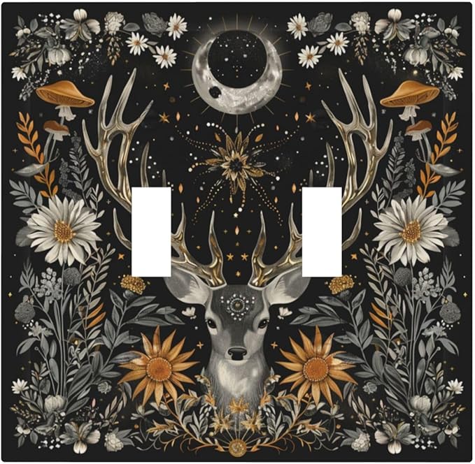 Light Switch Cover Plate Vintage Deer Flowers Moon Natural Plants Floral 2 Gang Double Toggle Decorative Switch Plates Wall Plates Electrical Faceplate for Bathroom Bedroom Decor