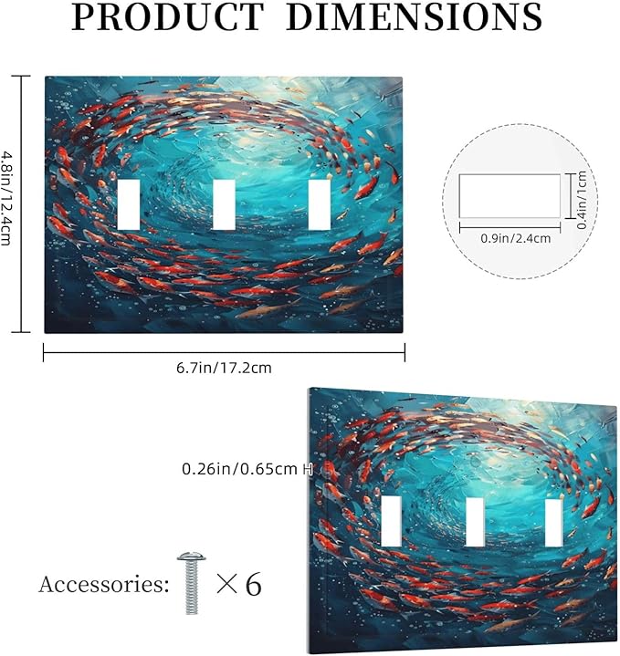 Ocean Fish School Of Fish Vortex Deep Sea Decorative Switch Plates 3 Gang Wall Plate Triple Toggle Light Switch Cover Faceplate Electrical Wall Panels for Kids Room Bedroom Decor