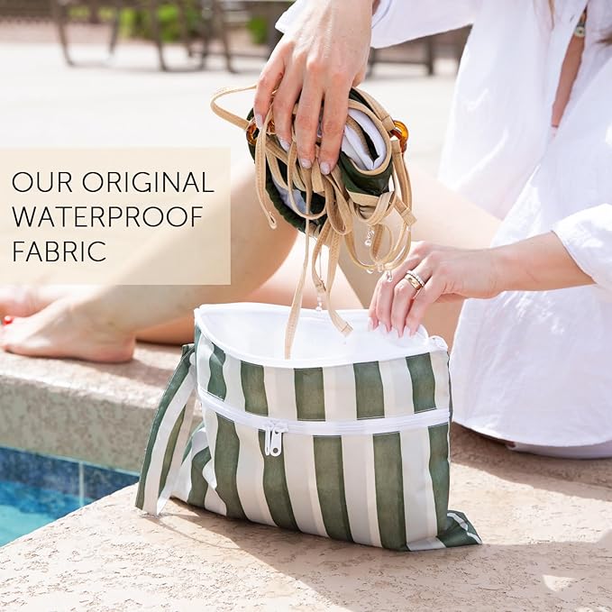 Bumkins Roamio Waterproof Wet Dry Clutch Bag for Baby, Travel, Swim Suit, Cloth Diaper, Pump Parts, Pool, Gym Clothes, Beach, Toiletry, Hook to Stroller, Pack for Daycare, Zip Pack Pouch, Green Stripe