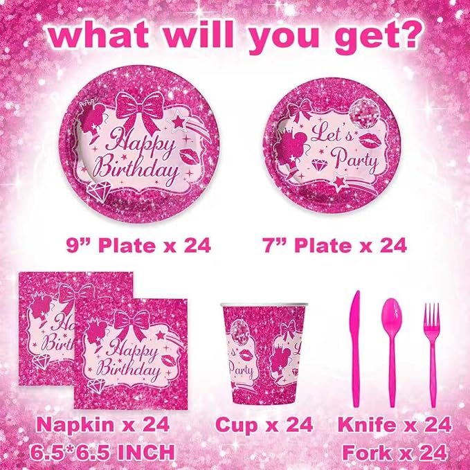 Hot Pink Dolls Themed Party Supplies for Girls Pink Birthday Party, Princess Party Decorations Disposable Tableware Set With Plates, Cups, Napkins & Cutlery For 24 Guests