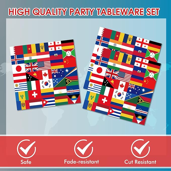 International World Flags Tableware Set International Flags Decorations Plates and Napkins for Travel Trip Around the Globe Retirement,School, Sports Events, Grand Opening, Party