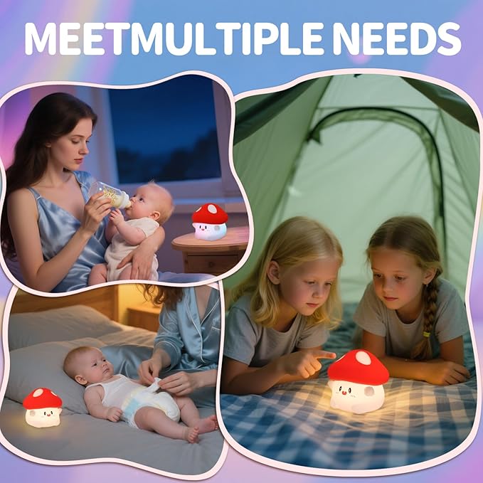 Rytinazzz Mushroom Night Light, Color Changing & 50-Hour Battery, Squishy Lamp with Pat Control for Kids Room Decor, USB Rechargeable, Mothers Day Gifts