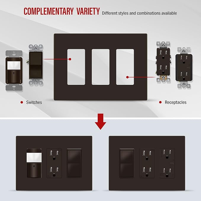 ENERLITES Screwless Decorator Wall Plates Child Safe Outlet Covers, Gloss Finish, Medium Size 3-Gang 4.88" H x 6.77" L, Unbreakable Polycarbonate Thermoplastic, SI8833M-BR, Brown