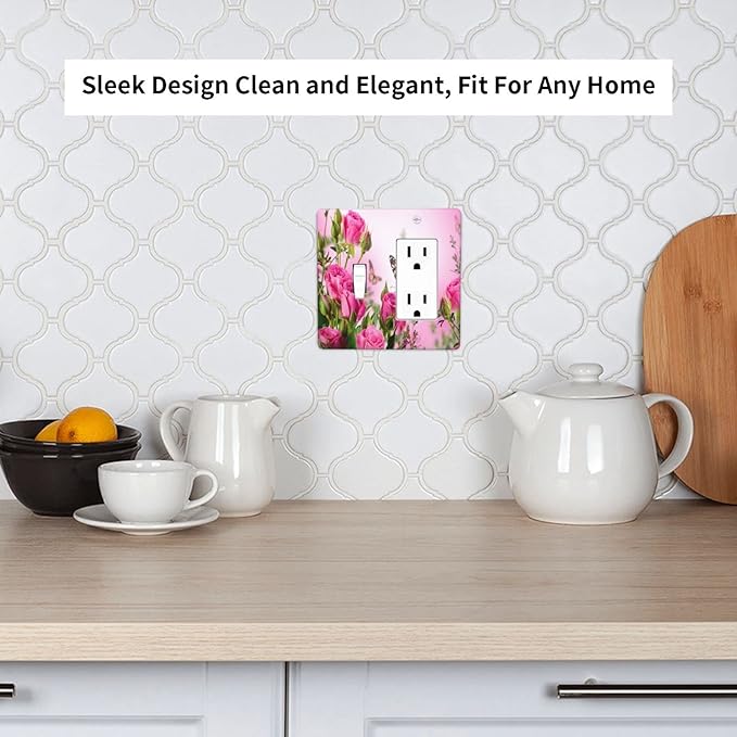 Pink Rose 2 Gang Single Toggle/Rocker Combination Light Switch Cover Decorative Wall Plate Faceplate Floral Butterfly Boys Kids Teen Girl Bedroom Room Decorate 4.5" x 4.5