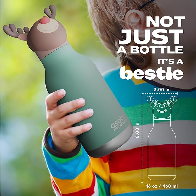 asobu Bestie Bottle Insulated Stainless Steel Water Bottle with Detachable Soft Animal Head Fun Drinking For Kids and Teens with Flexible Reusable Straw 16 Ounce (Reindeer)