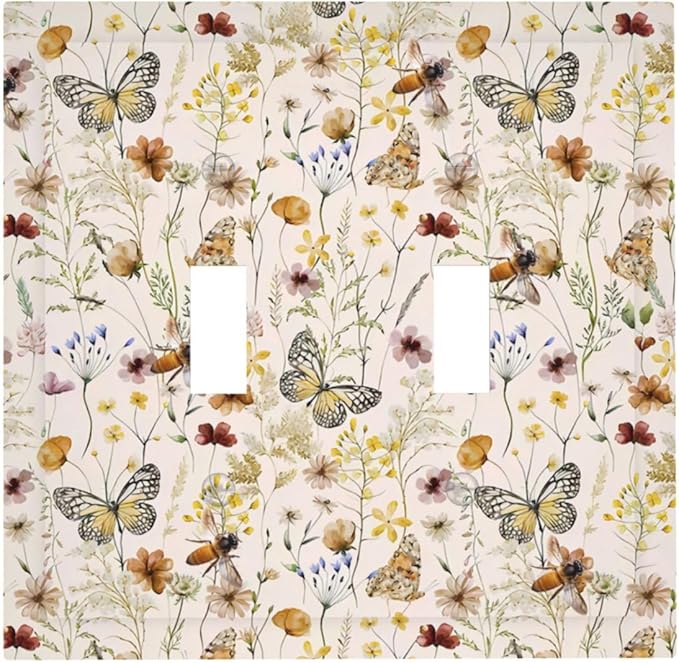 Vintage Butterflies 2 Gang Double Toggle Wall Plates Colorful Wildflower Light Switch Cover Decorative Cute Bees Electrical Switchplate Faceplate Beige Flower Leaves Dimmer Decor for Bedroom Kidroom