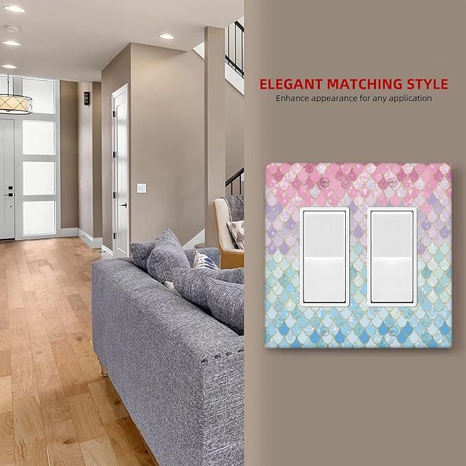 Colorful Mermaid Scales 2 Gang Rocker Decora Light Switch Cover Decorative Outlet Covers Wall Plate Electrical Faceplate Switchplate for Bathroom Girls Bedroom Kids Baby Nursery Living Room Decor