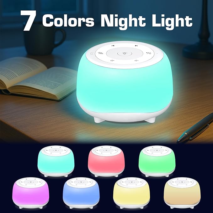 HEYAXA White Noise Sound Machine with 7 Colors Night Light 34 Soothing Sounds, Portable Sound Machine for Baby Adults Kids Sleep with 30 Volume Levels 4 Timers Adjustable Brightness (White)