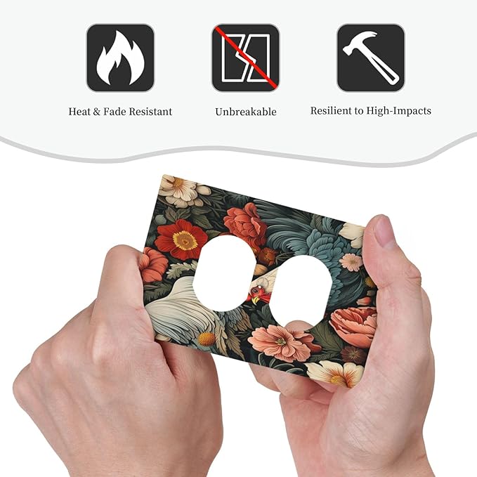 Outlet Covers Rooster Flowers Red White Chicken Floral 1 Gang Duplex Wall Plate Decorative Switch Plates Electrical Receptacle Faceplate Light Switch Cover for living Room Farmhouse Decor