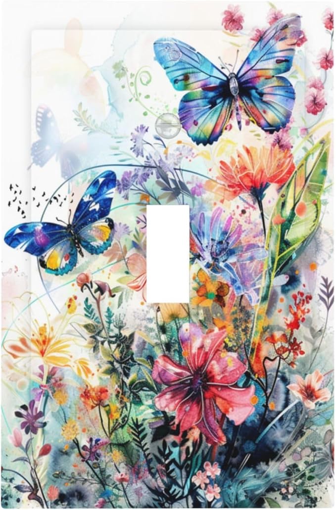 Light Switch Cover Plate Watercolor Colorful Floral Butterflies Wildflowers 1 Gang Single Toggle Decorative Switch Plates Wall Plates Electrical Faceplate for Bathroom Bedroom Decor