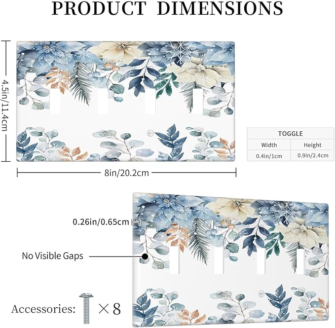 Blue Vine Snowflake Plants Leaves Floral Flowers Light Switch Covers Quad Toggle Electrical Faceplate 4 Gang Wall Plate Decorative Switch Plates for Bedroom Living Room Decor