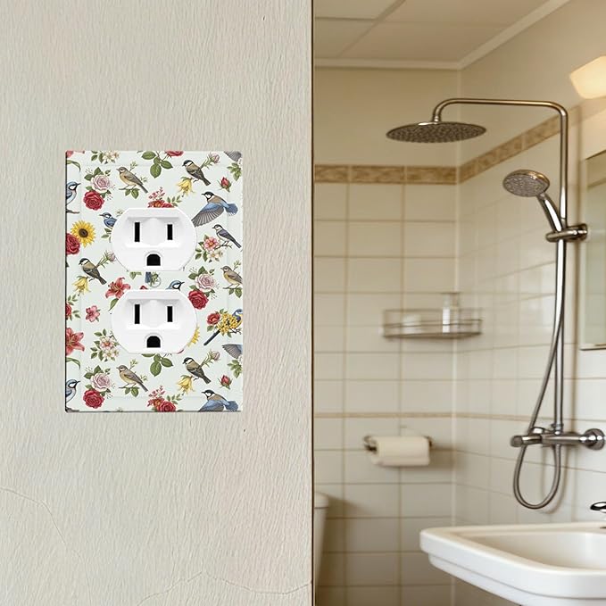 Vintage Birds & Blooms Duplex Wall Plate - 1-Gang Standard US Size English Countryside Chintz Outlet Covers, Botanical Floral & Songbird for Bedroom Decor