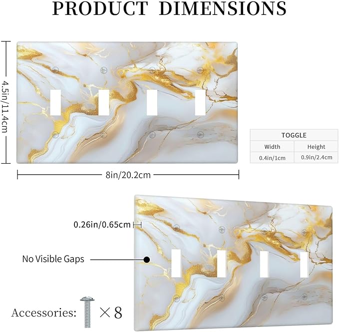 Decorative Switch Plate Cover Abstract Gold Marble Design with White & Gold 4 Gang Artistic Wall Plate Unique Quad Toggle Light Switch Covers for Modern Luxurious Decor