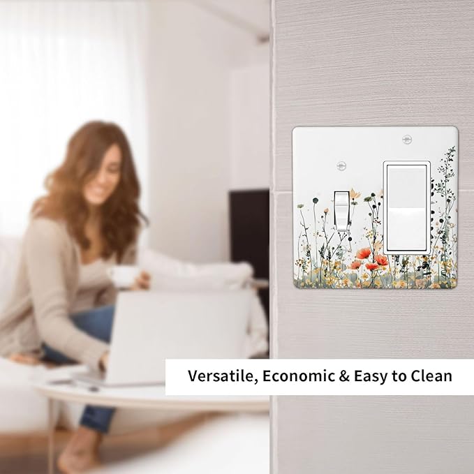 Vintage Country Style Watercolor Leaves Wildflowers Floral Outlet Covers 1 Toggle 1 Rocker Combination Decorative Wall Plate Electrical Switch Plates Light Switch Cover Plate for Bedroom Living Room