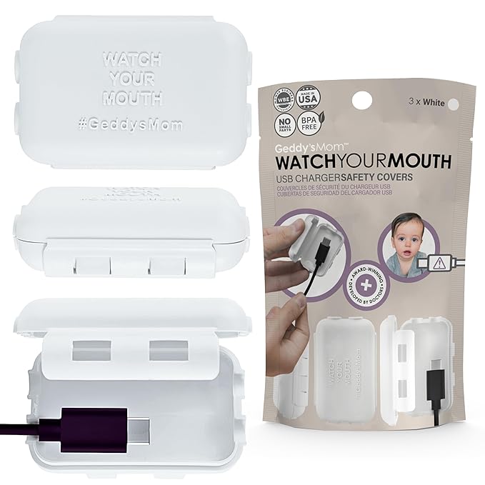 Baby Proof USB Charger Cover – Child-Resistant Cord Tip Enclosure for Standard USB Charging Cables – (3 Pack, White)