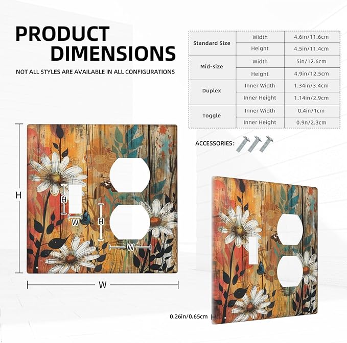 Light Switch Cover Plate Vintage Wooden Daisies Butterflies Floral 2 Gang Decorative Switch Plates 1 Toggle Duplex Combo Outlet Covers GFCI Wall Plates for Bathroom Farmhouse Decor