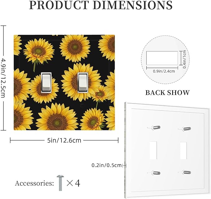 Sunflower Fields Double Toggle Switch Cover - 2-Gang Standard US Size Vibrant Sunflower on Black Light Switch Covers, Boho Sunny Garden for Bedroom Decor