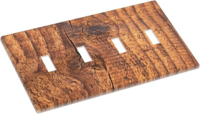 Brown Wood Grain Rustic Natural Burl Print Light Switch Covers Quad Toggle Electrical Faceplate 4 Gang Wall Plate Decorative Switch Plates Cover for Farmhouse Home Decor