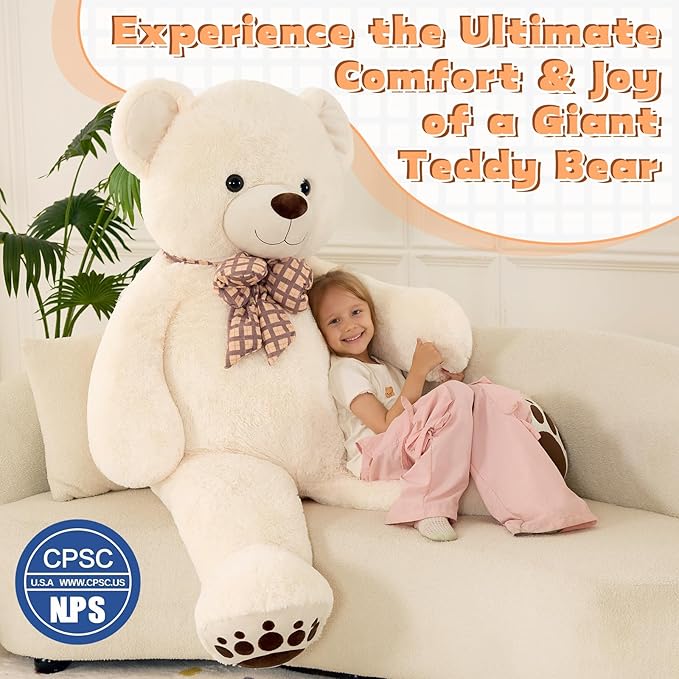 MorisMos 5 FT Big Teddy Bear, 5 Feet Huge Teddy Bears Stuffed Animals for Girlfriend Wife, Cuddly Gift Life Size Bear on Valentines Birthday, 59 Inch, White
