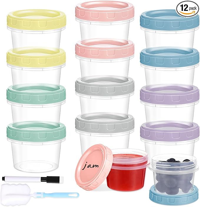 Yomarket 12pcs 4 oz Plastic Containers with Screw Lids, Reusable 1/2 Cup Small Food Storage Containers, Leakproof, Microwave Dishwasher Freezer Safe, with Pen and Brush