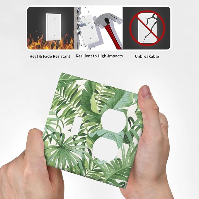 Green Tropical Palm Tree Leaf Decorative Outlet Covers 2 Gang Combination 1-Toggle 1- Duplex Light Switch Covers Summer Vibrant Vivid Leaves Electrical Two Device Single Toggle/Duplex Combo Wall Plate
