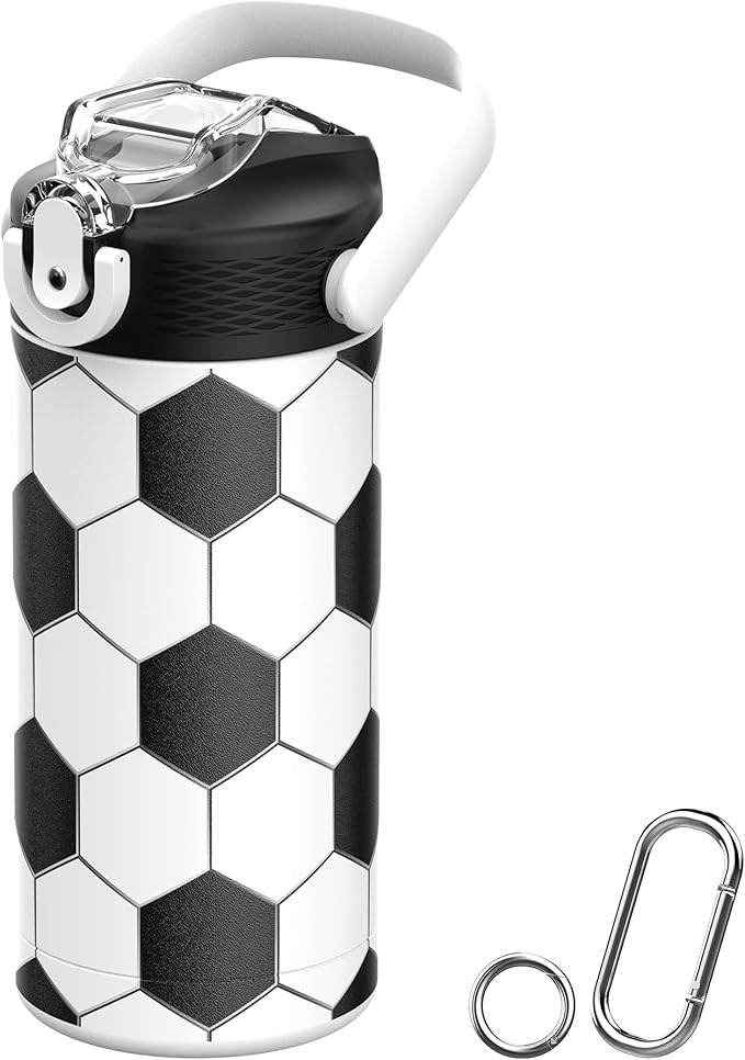 MYFOREST 14oz/400ml Insulated Kids Water Bottle, Odor-Free Surgical Grade Liner, Dishwasher-Safe, Name Spot, Soft Sipper, Gift for Sports Fan (Soccer)