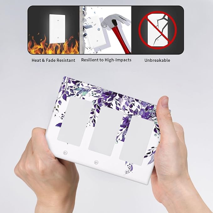 Decorative Outlet Covers Purple Eucalyptus Boho Olive Leaves Country 3 Gang Wall Plate Cover Triple Rocker Decora Light Switch Covers Plate Jumbo Electrical GFCI Switch Plate Cover