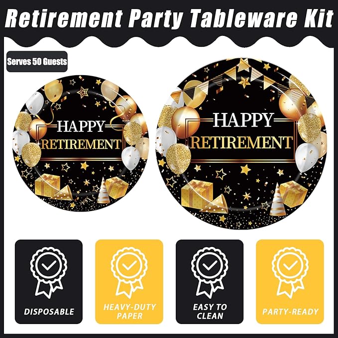 200 Pcs Retirement Party Plates and Napkins Set, Happy Retirement Party Supplies Decorations for Men Women Gold and Black Farewell Going Away Disposable Dinnerware Tableware Kit, Serves 50