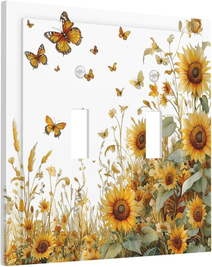 Sunflower Gold Wildflowers Summer Butterfly Decorative Switch Plates 2 Gang Double Toggle Outlet Light Switch Cover Wall Plate Electrical Faceplate for Bedroom Living Room Decor