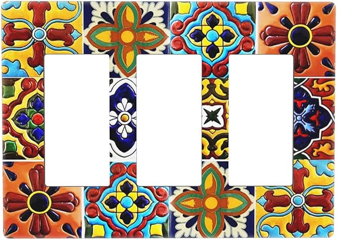 Boho Mexican Moroccan Tile 3 Gang Triple Rocker/Decorator Light Switch Wall Plate Cover Decorative Gfci Electrical Faceplate Switchplate Room Decorate
