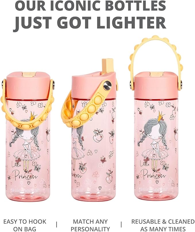 Elemental Water Bottles for Kids - Splash Kids Water Bottle for School with Pop-it Handle - BPA Free Tritan Plastic Water Bottle with Straw Leak Proof when Spout is Closed - Little Princess - 18oz