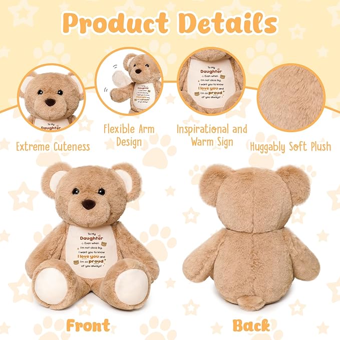 To My Daughter Teddy Bear Plush Toy, Daughter Gifts from Mom Dad, Soft Stuffed Animal with Positive Affirmation Message, Valentines Mothers Day Birthday Graduation Gifts for Women Daughter Kids 15"