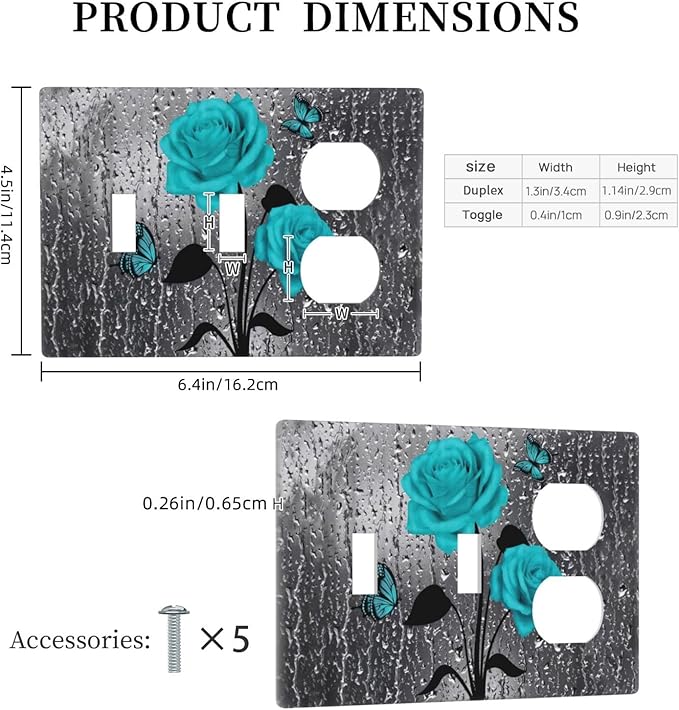 Women Elegant Turquoise Teal Blue Gray Rose Flower Raindrop Floral Butterfly 2 Toggle 1 Duplex Receptacle Light Switch Wall Plates and Outlet Cover Triple Device Combo Two Toggle One Receptacle Cover