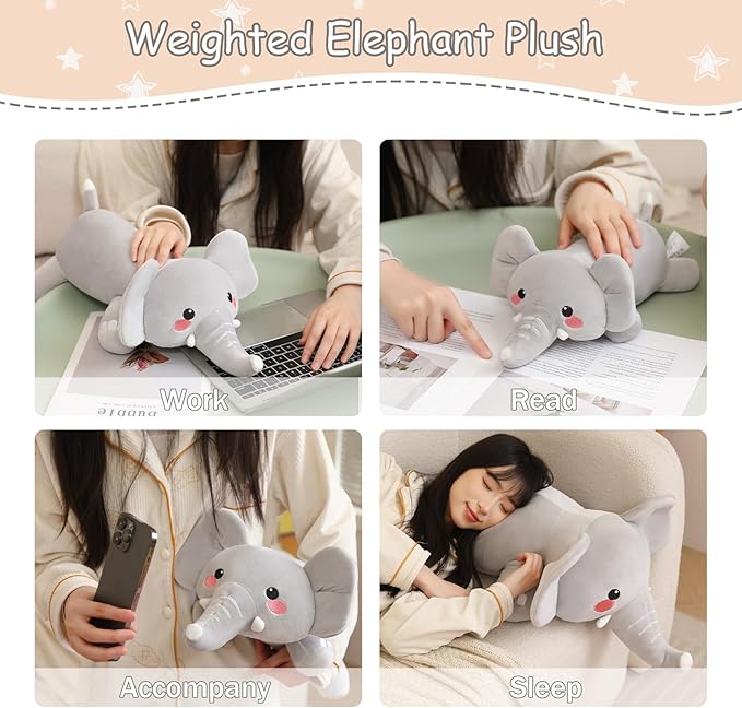 SQEQE Weighted Elephant Plush, Weighted Elephant Stuffed Animal, Cute Plushies Soft Pillow Toy Gift for Kids Adults 13.8 Inch, 1.6 Lbs