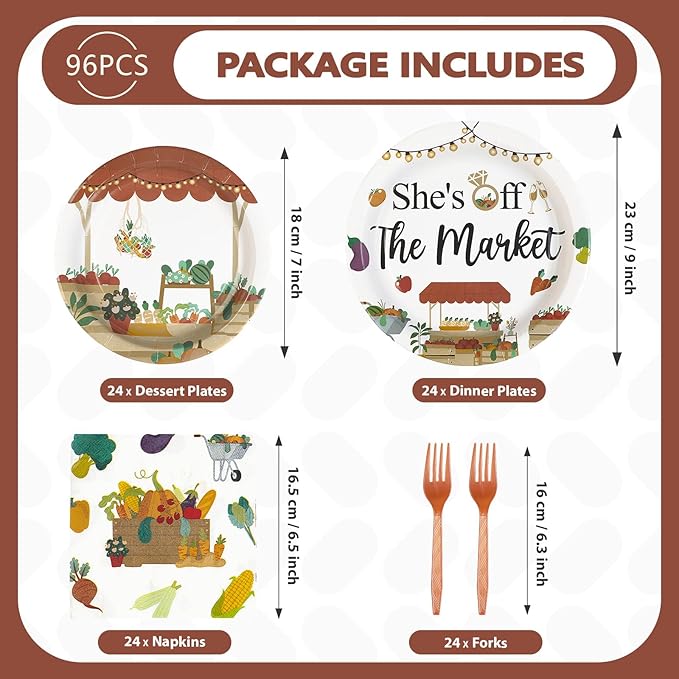 Grencian 96Pcs She's Fresh Off Market Bridal Shower Decor Farmers Market Engagement Party Plates and Napkins Vegetable Themed Disposable Tableware for Women Bridal Shower Wedding Decorations Serves 24