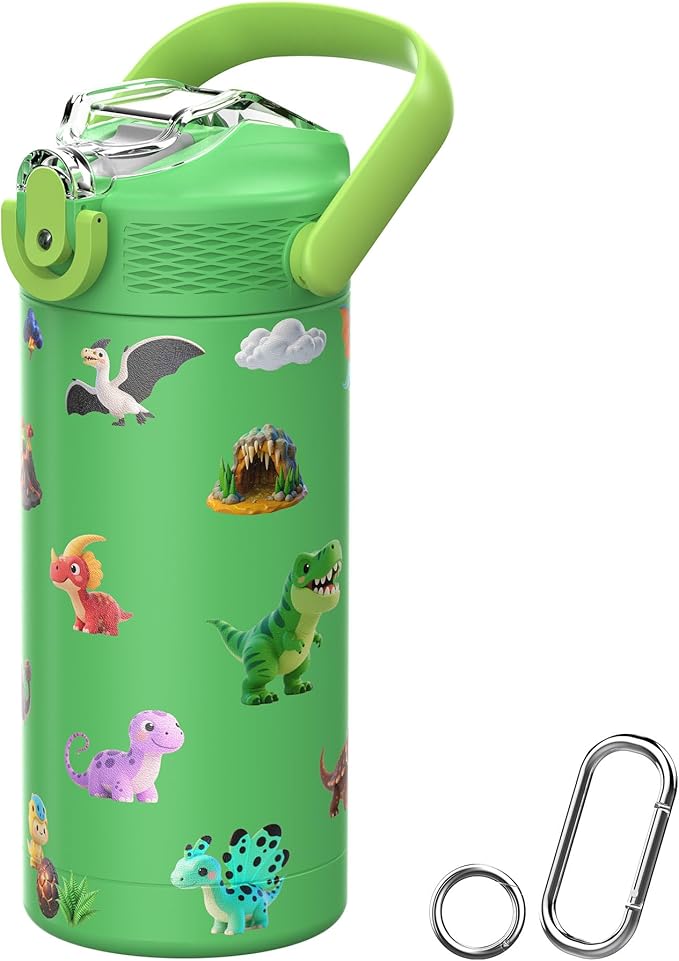 MYFOREST 14oz/400ml Insulated Kids Water Bottle, Odor-Free Surgical Grade Liner, Dishwasher-Safe, Name Spot, Soft Sipper, Gift for Dino Fan (DinoCraft: Chibi)